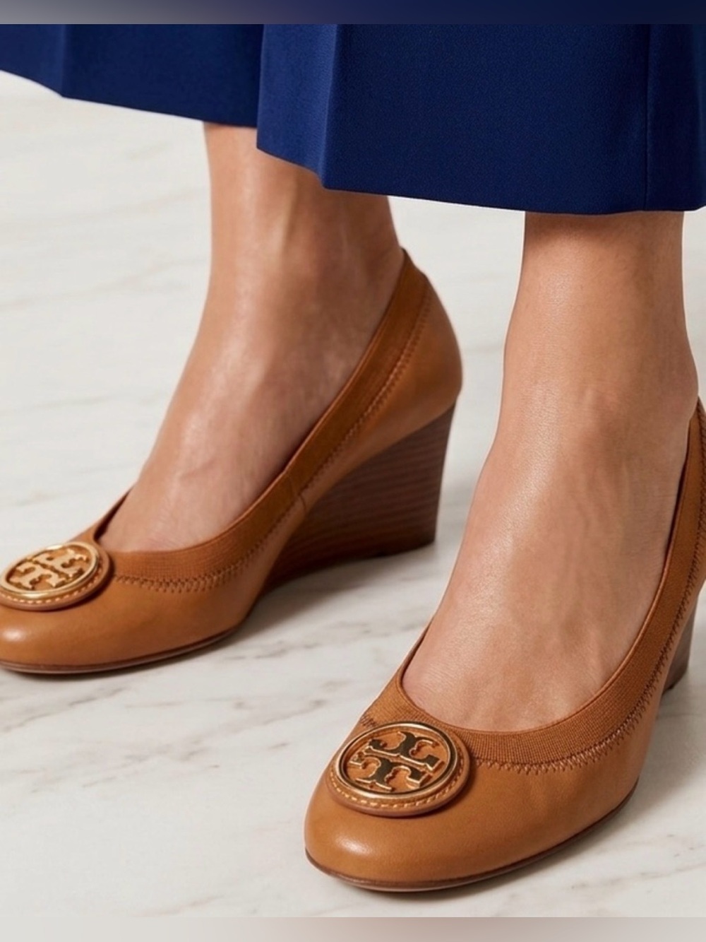 Tory Burch Chestnut Leather Wedge Pumps with Logo Medallion